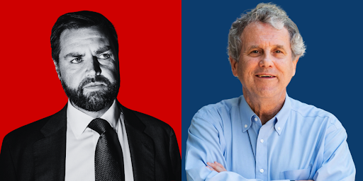 JD Vance in a red square background and Sherrod Brown in a blue square background