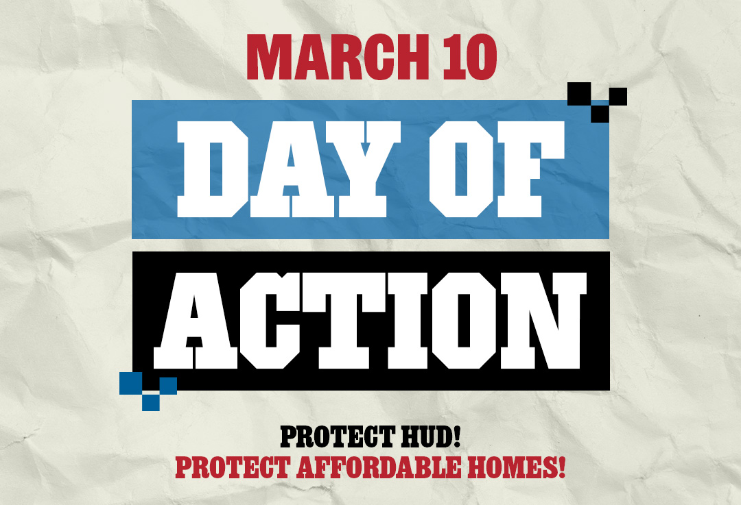 Graphic text on paper background saying March 10 Day of Action