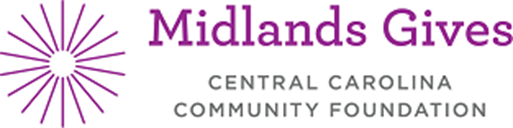 A white background, the left part of the image has an abstract purple shape with straight lines drawn almost like a sun. Next to the logo are the words “Midlands Gives” and underneath it says ‘Central Carolina Community Foundation’