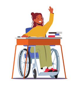 A cartoon female with brown skin and dark brown hair, she is in a blue wheelchair underneath a brown desk with books on it. She is raising her hand as if she were in a classroom wanting to ask a question.