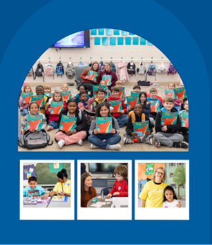 a blue background with cut out photos of children below the age of ten with books in their hands. Underneath this photo are three polaroid-style photos of children and youth next to volunteers helping them with classroom tasks, and smiling next to them.