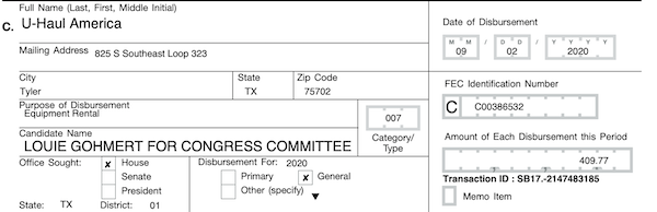 From Louie's FEC report - his campaign paid $409.77 to Uhaul this September!