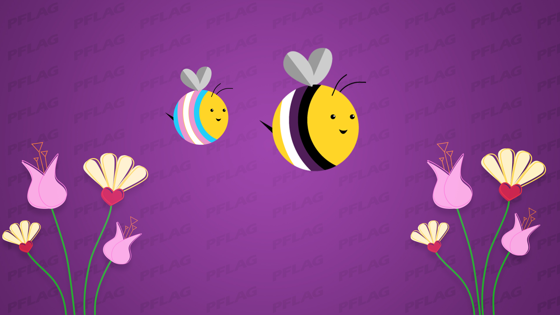 Two bees--one in nonbinary Pride colors the other in transgender Pride colors--surrounded by flowers, with the word 