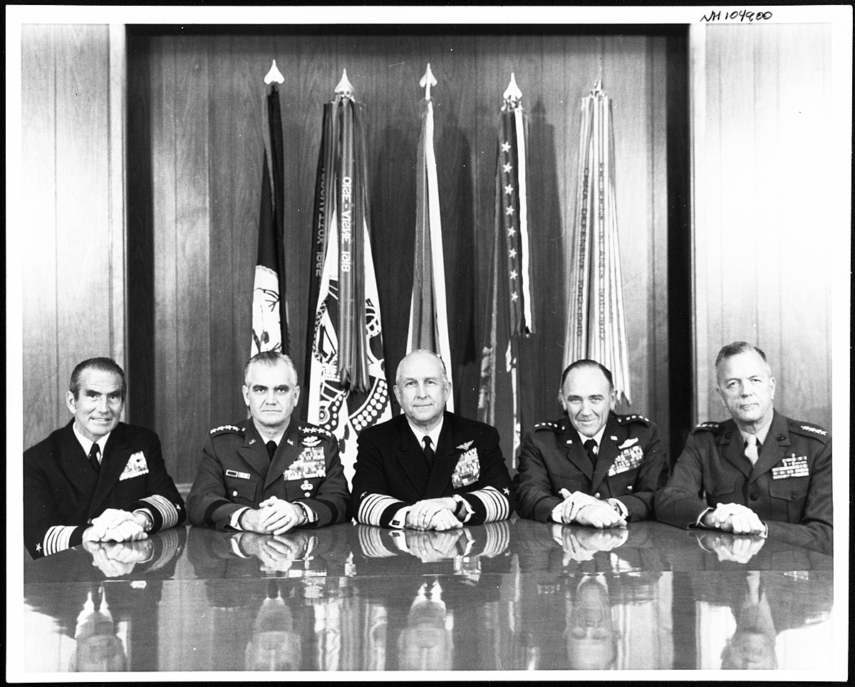 The Joint Chiefs of Staff during the Moorer years: JCS Chairman Admiral Thomas Moorer, flanked to left by Army Chief of Staff General William Westmoreland and Chief of Naval Operations Admiral Elmo R. Zumwalt, Jr., and to the right by Air Force Chief of Staff General John Ryan and Marine Corps Commandant General Leonard F. Chapman, Jr. (copy from Naval History and Heritage Command)