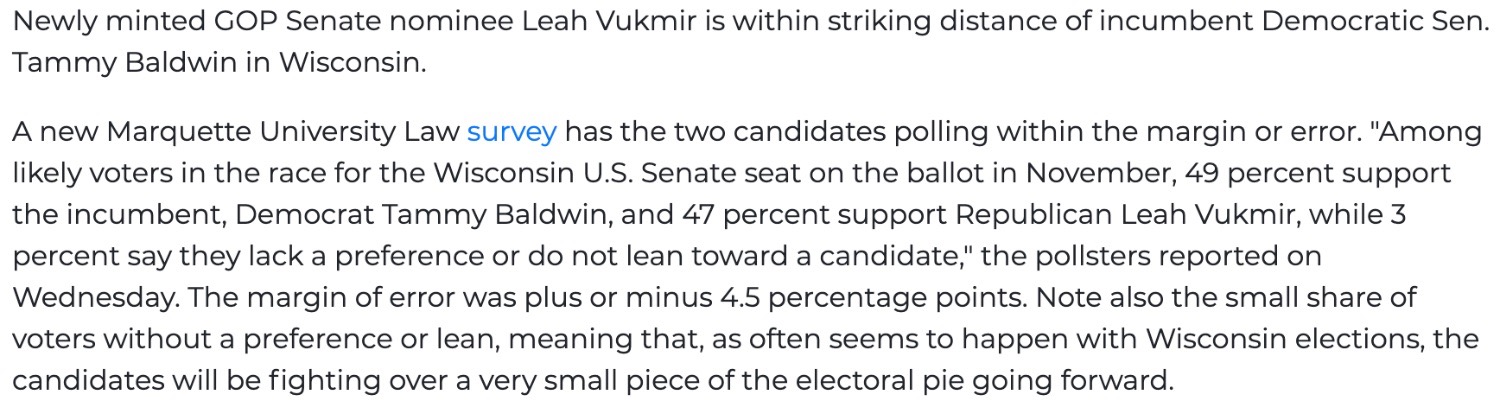 Leah Vukmir pulls close to Tammy Baldwin in polling