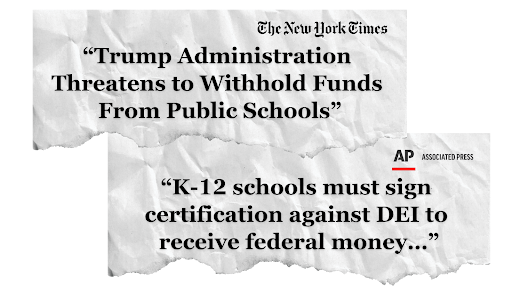 Headlines from the New York Times and AP News about Trump withholding funding for schools which have DEI programs.