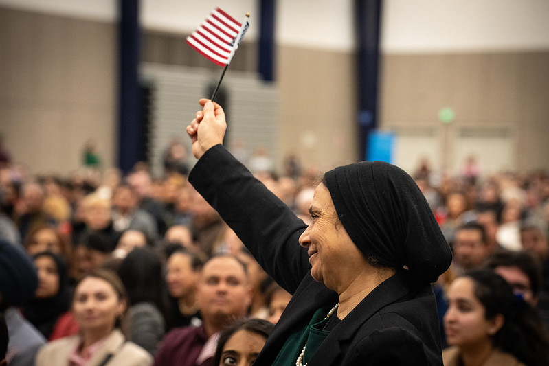 A woman at a naturalization ceremony in California.
