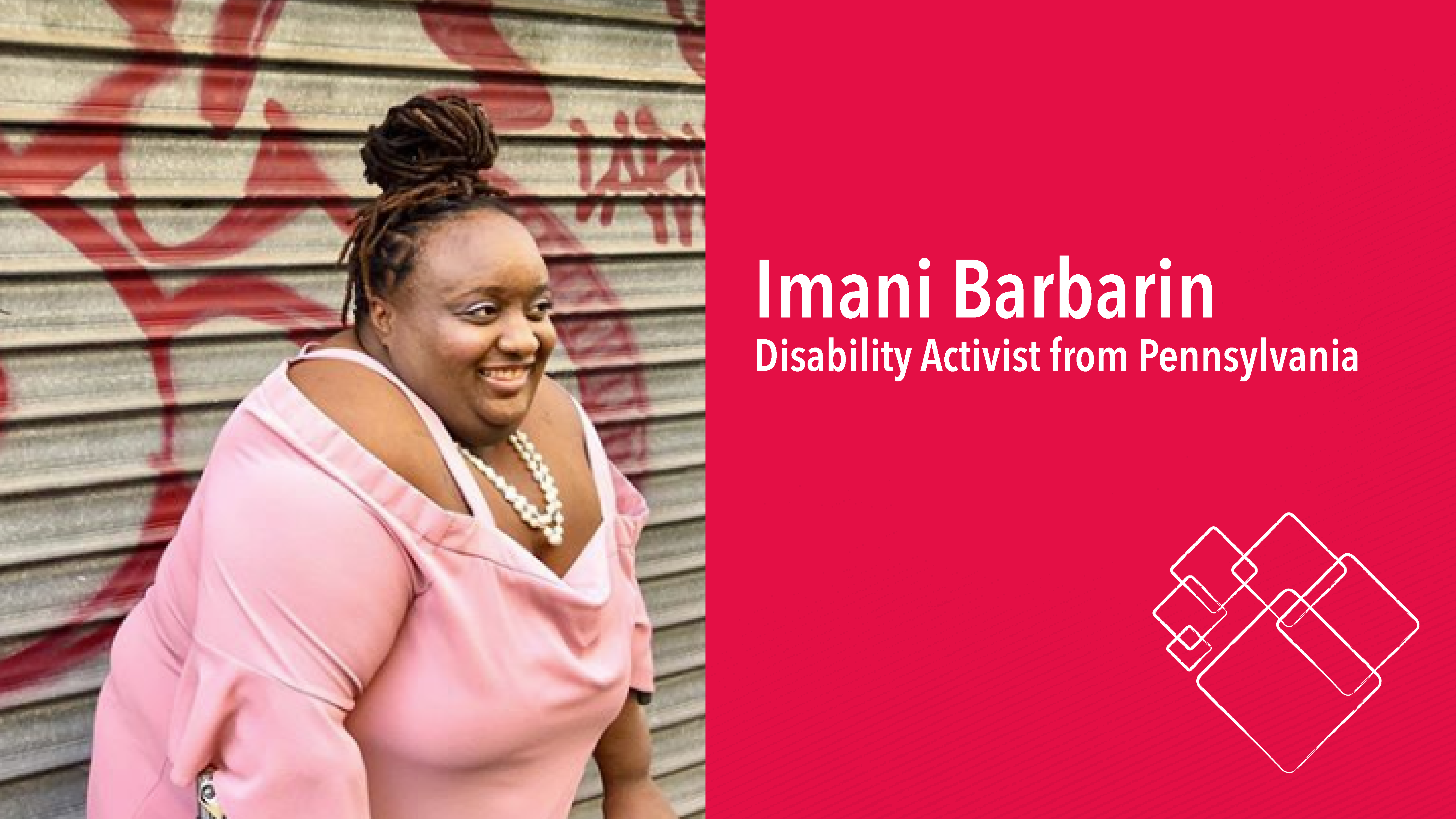 Imani, an African American woman, leans against her crutches and smiles