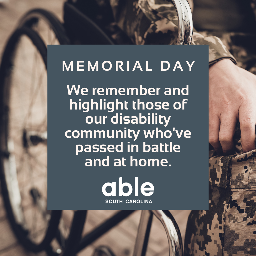 Background image of close up of person in fatigues hand on knee while seated in a wheelchair. Text from post on gray box over the image. Able SC logo at base.