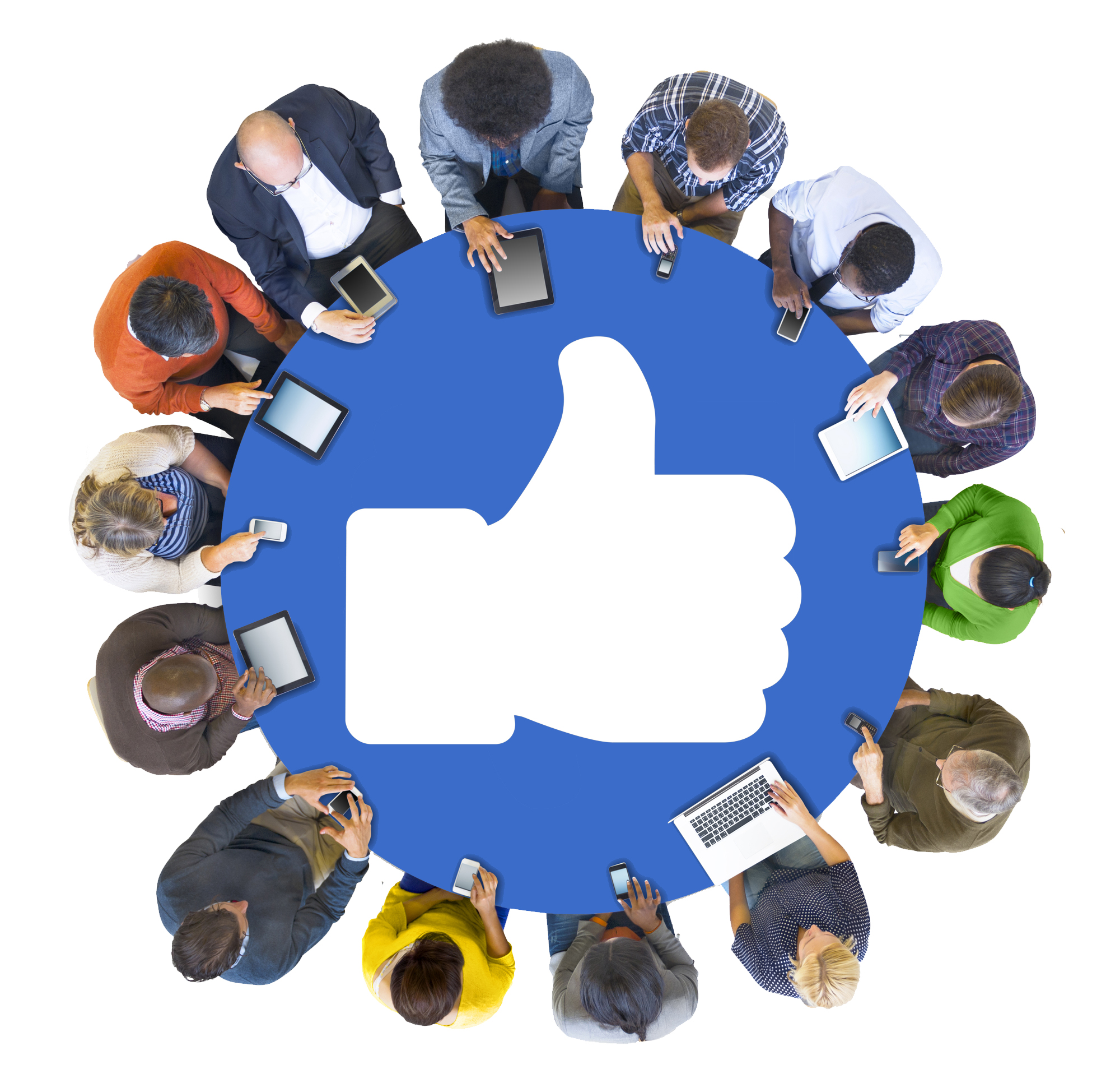 A diverse group of people, sitting around a table with electronic devices, and the Facebook Like Thumbs-Up icon centered on the table.