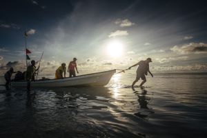 A man pulls a boat on the low-lying Carteret Islands in Papua New Guinea.