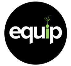 The image is the logo for ‘equip’. The word “equip” is written in white lowercase, with the letter ‘i’ replaced by a green sprout with a green circle on top. The wordmark is encased in a black circle.