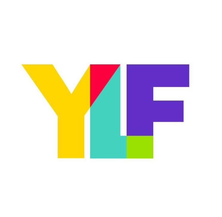 Block letters of 'YLF' primarily in yellow, teal, and purple, with pink and lime green overlay.