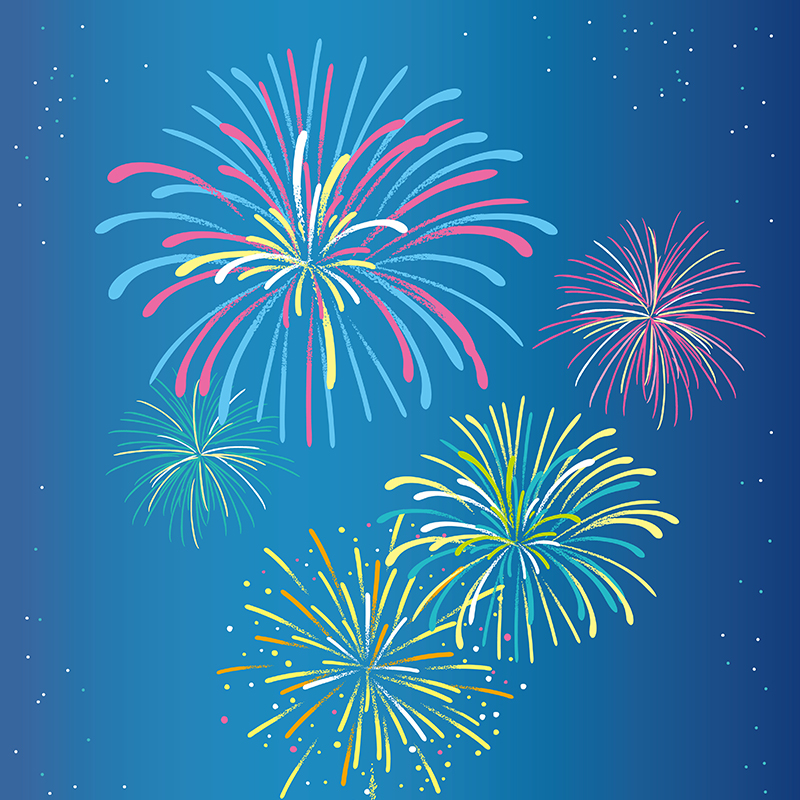 Colorful fireworks bursting with a blue background