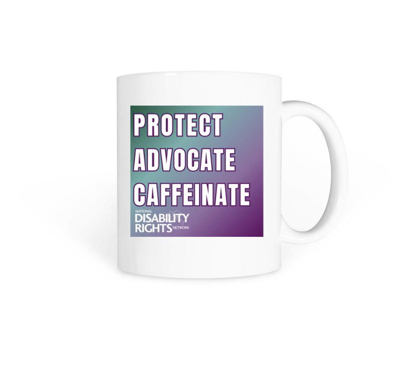 White coffee mug with protect advocate caffeinate written on the side with a purple and green background.