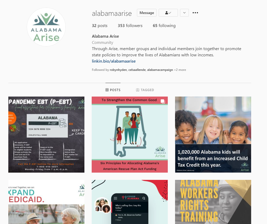 Screenshot of Alabama Arise Instagram account.