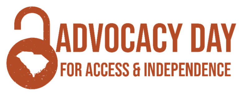 Advocacy Day Logo in dark orange with unlocked lock with state of SC as keyhole and text that reads, 'Advocacy Day for Access & Independence.'