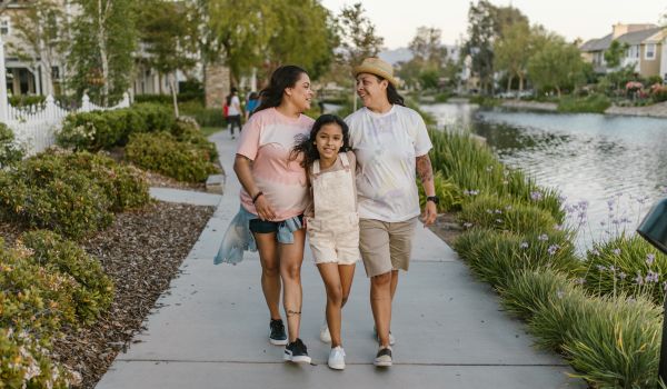 Image of a family walking on a sidewalk outside