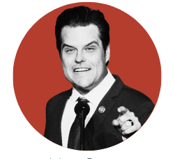 Black and white photo of Matt Gaetz in front of a red circle.