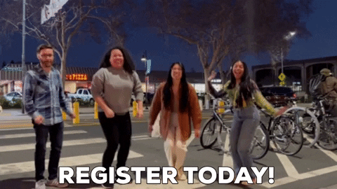 Staff jumping with text that says register today