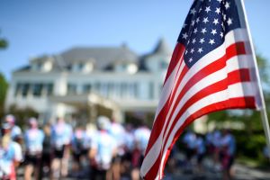 A flag hangs at the vice president's residence at the U.S. Naval Observatory in Washington, DC.