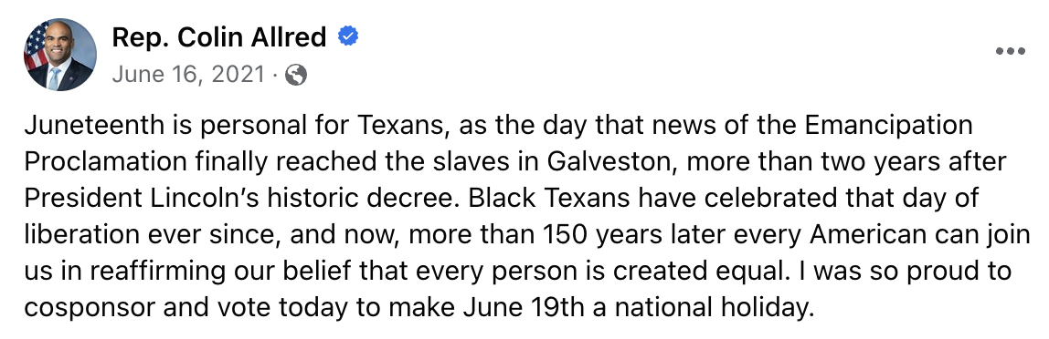 Allred’s Juneteenth announcement