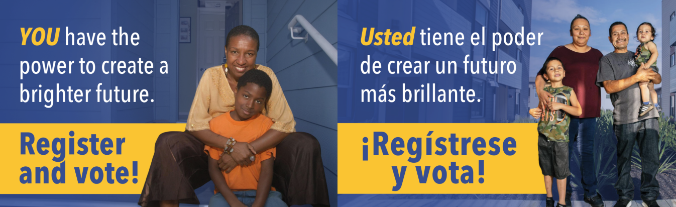 Two voter reg posters in English and Spanish