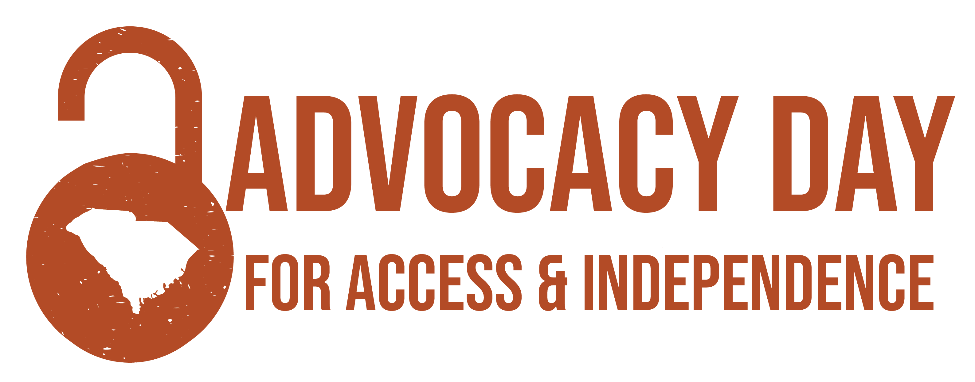Burnt orange illustration of an open lock with the state of South Carolina as the keyhole followed by large orange text that reads, 'Advocacy Day for Access & Independence'
