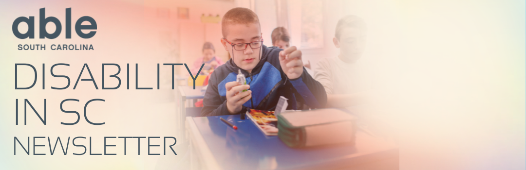 Reads, 'Disability in SC Newsletter,' with Able SC logo. Features a rosy image of a teenage white man with a developmental disability working at a desk at school.