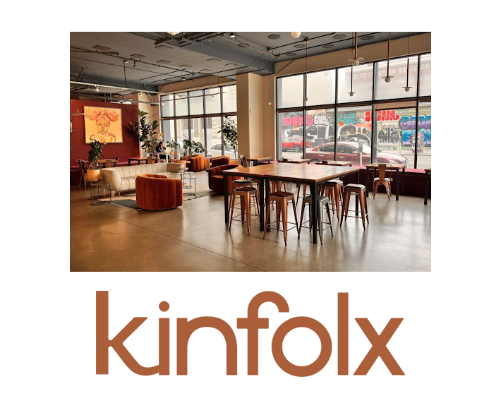 Kinfolx logo and image of cafe interior