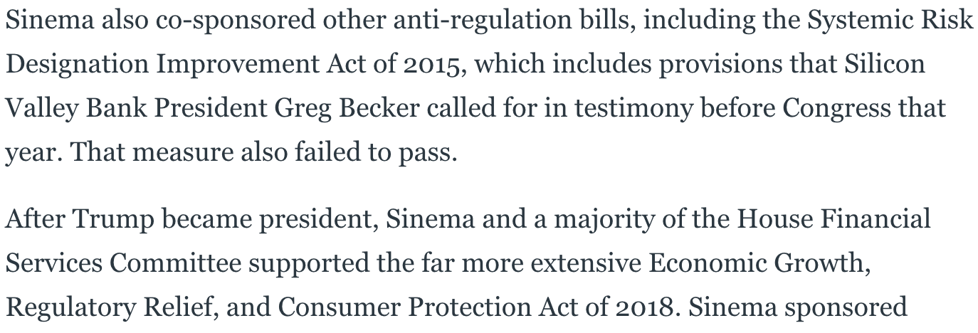 Daily Beast story about Sinema’s deregulation vote, by Michael Daly