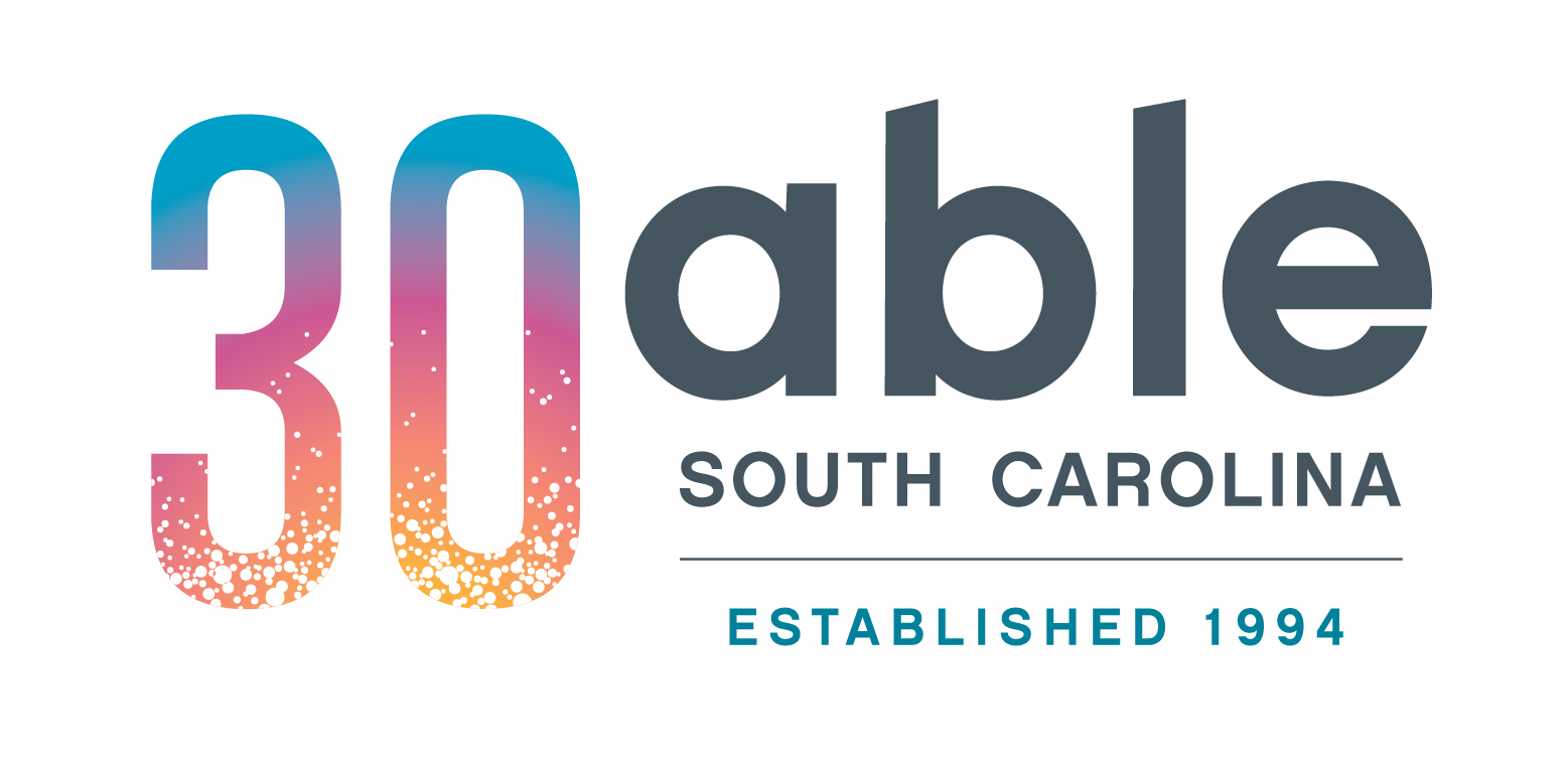 New Able SC 30th anniversary logo. To the right gray text in lowercase letters reads, 'able,' with 'South Carolina' underneath in all capital letters. Left of this text is a tall number '30' in an orange to pink to purple to light blue gradient in a sunrise effect. White bubble effect comes from the bottom and appears to float upward within the number 30. Below the text is a thin gray horizontal line. Below the line is capitalized dark blue text reading, 'Established 1994.'