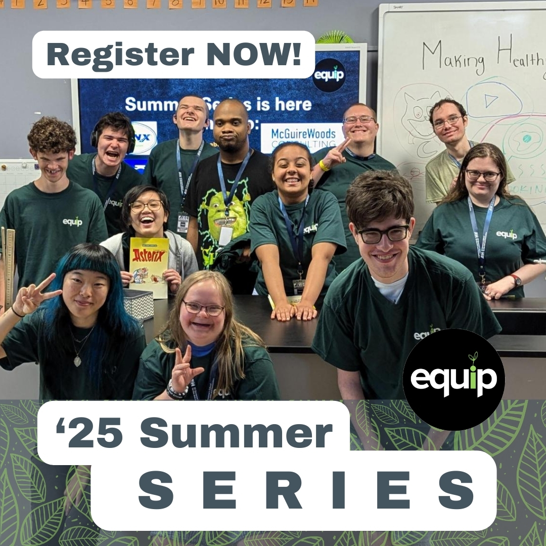 A poster promoting Summer Series. It contains an image from last year’s Summer Series, wherein a cheerful group of young adults is pictured posing together in a classroom setting, smiling and showing enthusiasm.