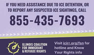 Graphic showing the ICIRR Family Support Hotline information: 855-435-7693