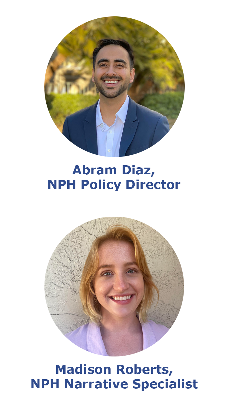 Two images of new NPH staff: Abram Diaz above, with title, and Madison Roberts below, with title