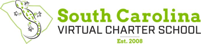 South Carolina Virtual Charter School logo with an outline of the SC map on the left with a frog over it