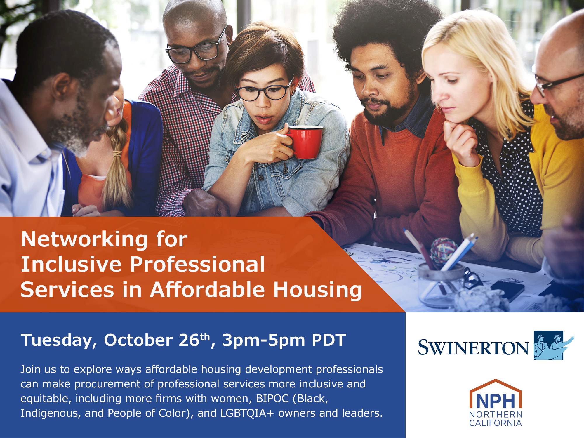 Swinerton event flyer with event information under group of interested workers