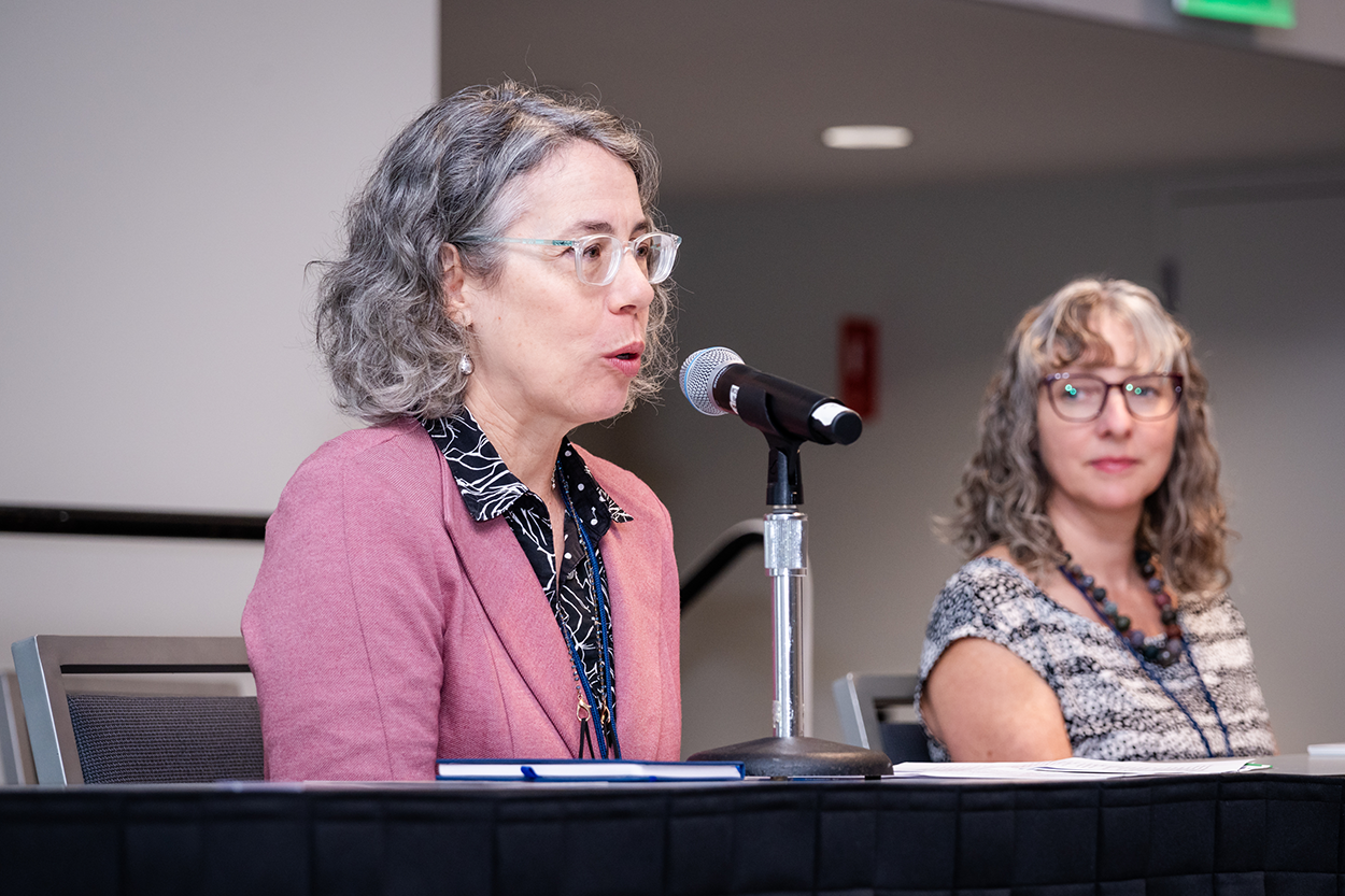 Woman speaking on panel at past conference