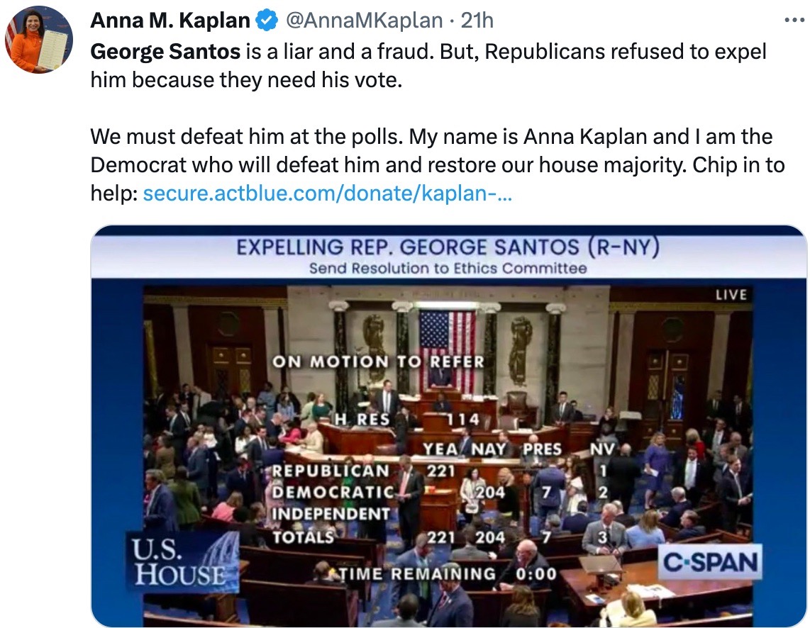 Anna Kaplan on Republican failure to vote to expel George Santos from Congress