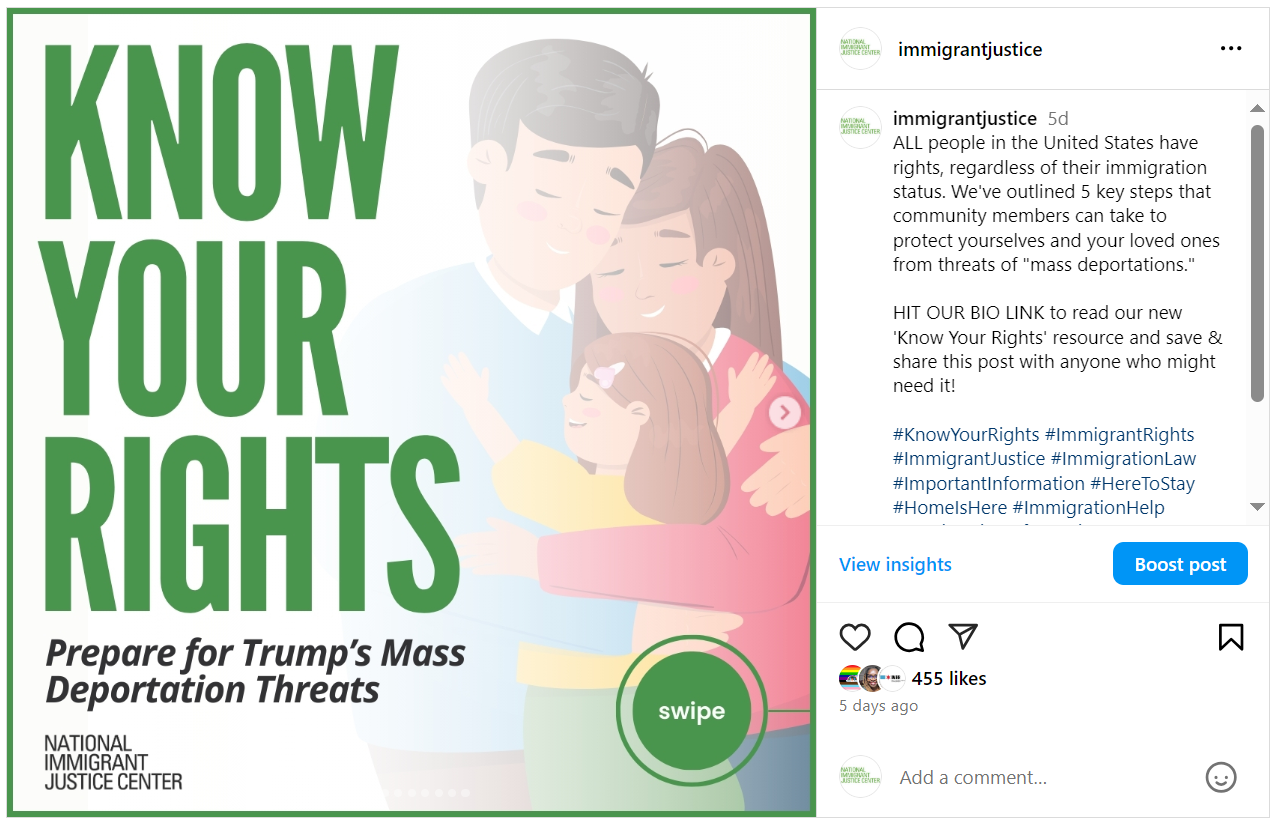 Screenshot of NIJC's Instagram post sharing our Know Your Rights graphic series