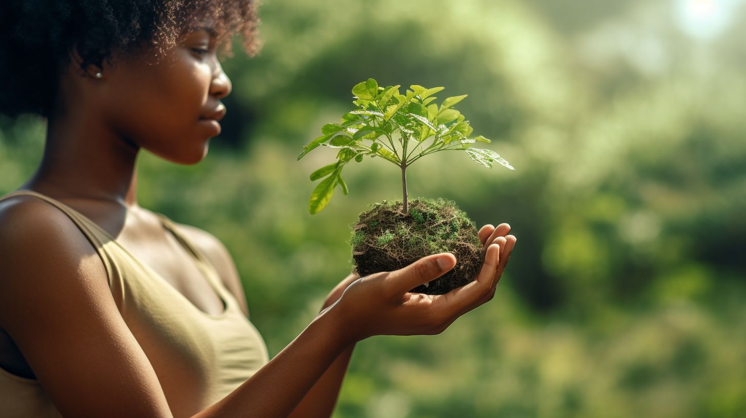 An African American girl holds a plant