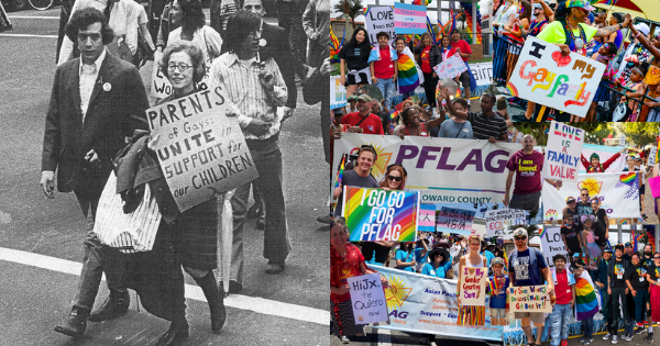 On the left, Jeanne and Morty Manford marching in the 1970s. On the right, dozens of diverse PFLAG families from the last year.