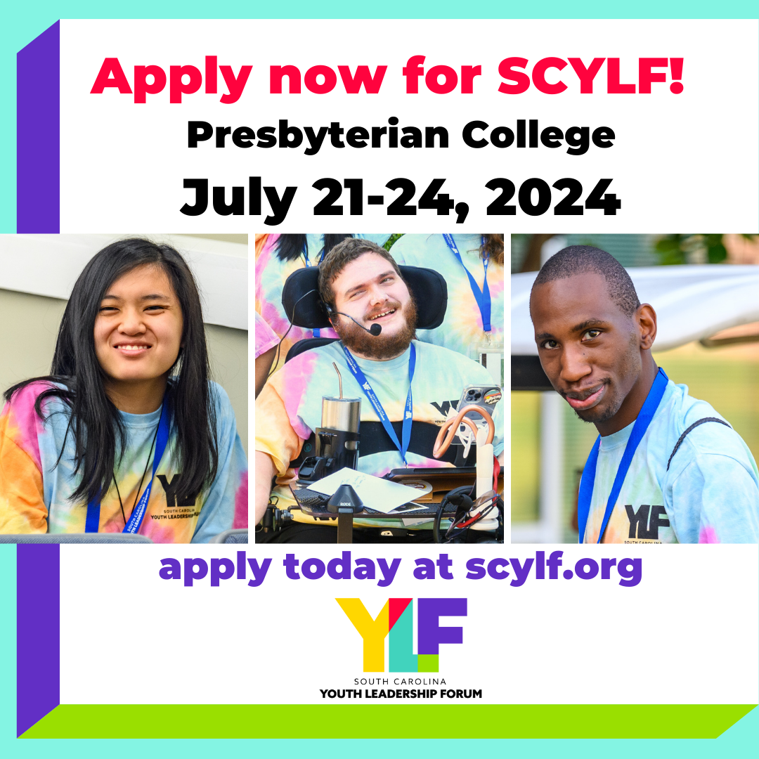 Graphic with a teal, green, and purple border and SCYLF logo. Text reads, 'Apply now for SCYLF! Presbyterian College, July 21-24, 2024. Apply today at scylf.org.' Three photos of disabled delegates are centered. Each is wearing the 2023 official t-shirt, a pastel rainbow tie-dye with the YLF logo in black on the left chest pocket. The delegates are as follows: A young person of Asian decent with long dark hair, smiling, a young white man with a brown beard using a power wheelchair and other assistive tech, smiling, a young Black man smiling with his mouth closed.