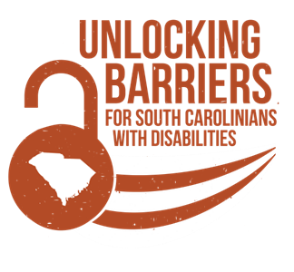 and orange logo for advocacy day with a padlock and outline of the state of south Carolina that reads: unlocking barriers for south Carolinians with disabilities