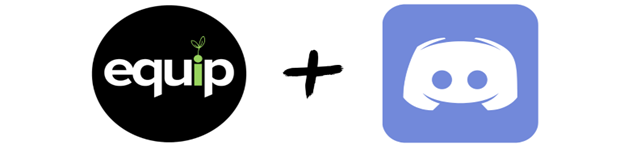 From left to right there is the equip logo, a black plus sign, and the Discord logo. The equip logo is a black circle with the word “equip” written in white letters, except for the letter “i” which is written in light green and has a stem and leaf coming out of the dot. The Discord logo is a periwinkle square with soft edges and, in the middle of the square, there is a white robot head with periwinkle circles for eyes.