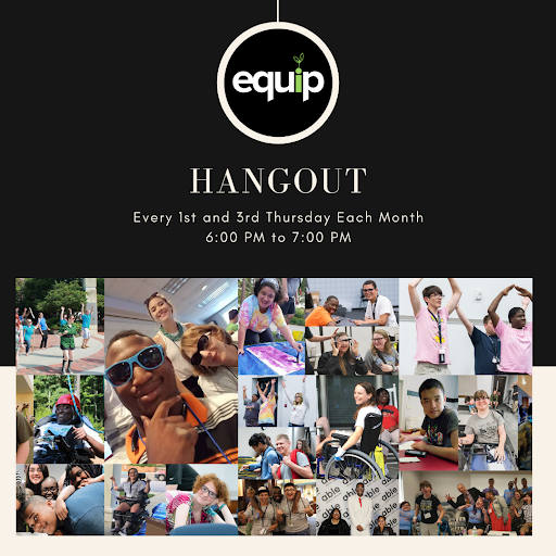 A black background with a collage of photos underneath. The black background has the Equip logo at the top, which is the word equip surrounded by a white circle. HANGOUT in capital letters is under the logo, along with the following text: 