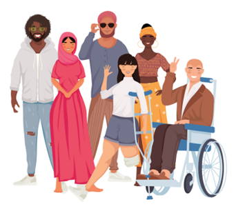 A group of individuals of different ages and ethnicities, some of which have visible disabilities and use a wheelchair or crutches