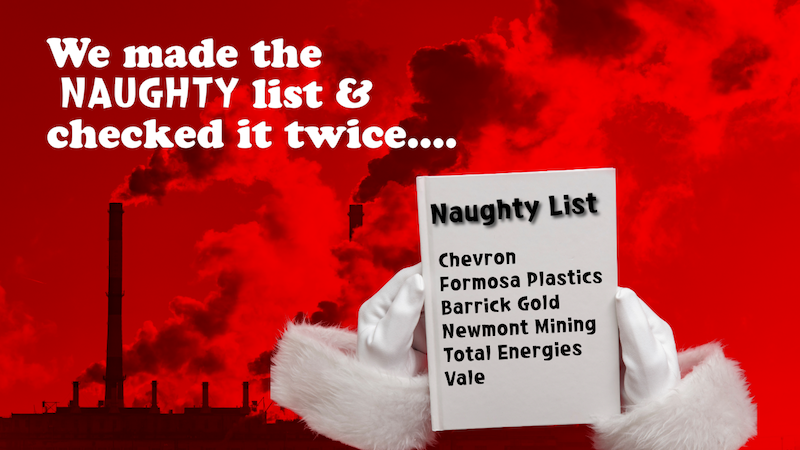 An image showing pollution from smokestacks. In front of the image is text that says We made a naughty list and checked it twice. A Santa Claus is holding a piece of paper titled Naughty List that has the names of six corporations on it.