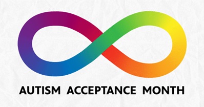 This image features an infinity symbol with a gradient of rainbow colors, representing neurodiversity and autism acceptance. Below the symbol, the text AUTISM ACCEPTANCE MONTH is displayed in bold, black capital letters