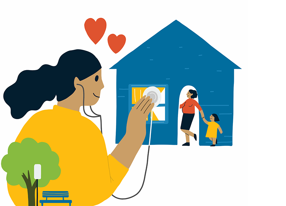 Housing and character holding a stethoscope